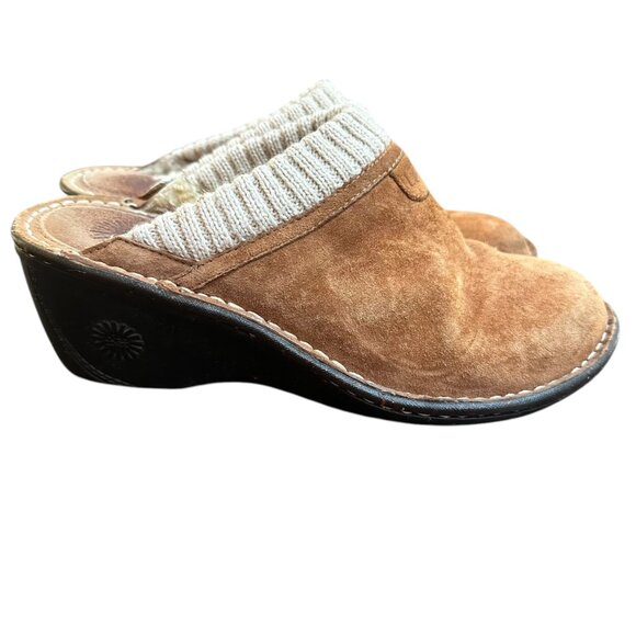 UGG Suede Slip-On Clogs Knit Trim Shearling Lining Chestnut Brown Outdoor Size 8 - Picture 5 of 10